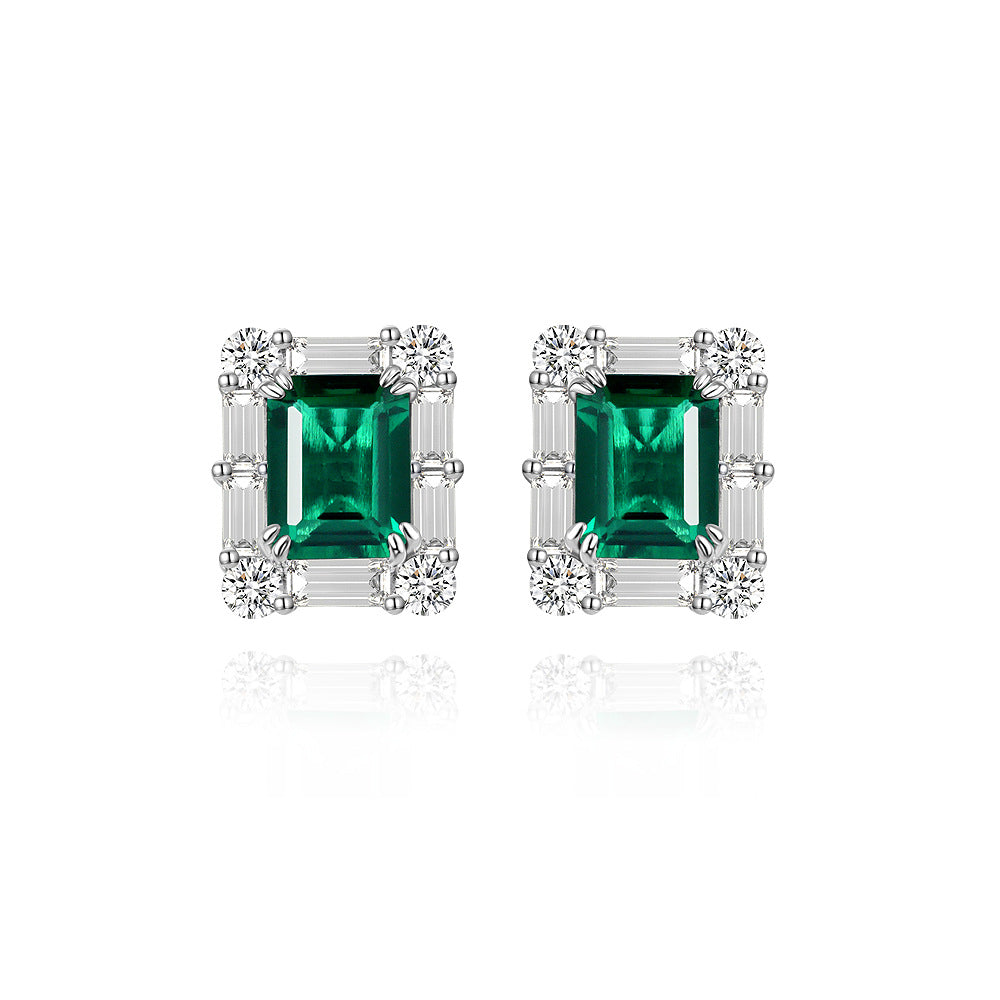 Green diamond earrings s925 silver rectangular 2 carat emerald 7*9 high carbon diamond earrings luxury jewelry
