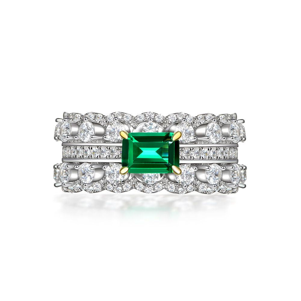 Emerald Diamond Ring S925 Sterling Silver Green Diamond 1ct Double Row Full Diamond Ring
