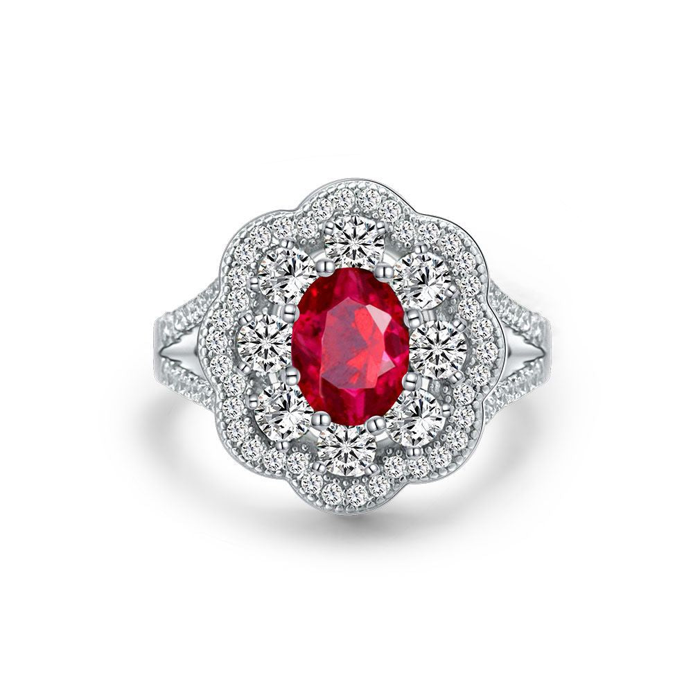 Light luxury 925 silver ring 1 carat oval synthetic ruby ring