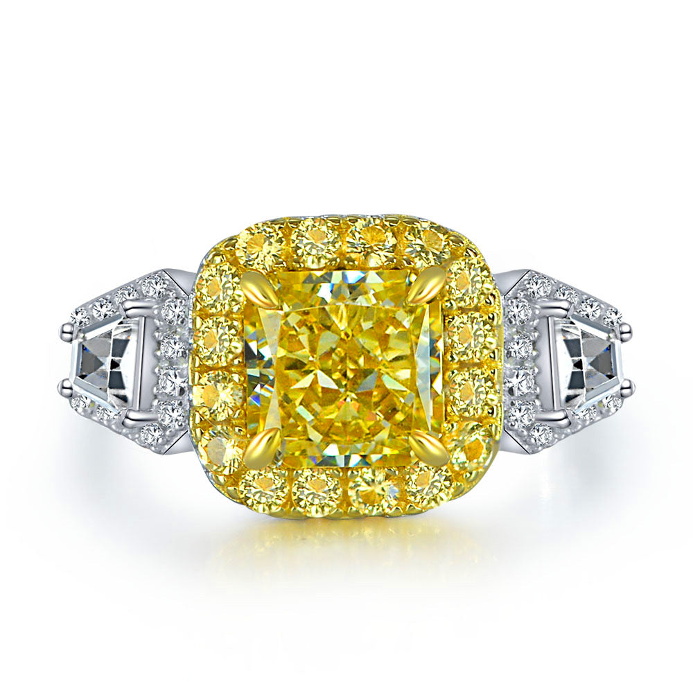 Yellow Diamond Ring Sterling Silver 2ct 7*7 Topaz Adjustable Luxury High Carbon Diamond Ring